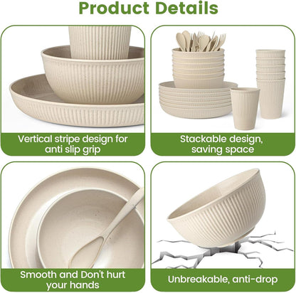 36-Piece Reusable Wheat Straw Dinnerware Sets for 6,  Unbreakable Reusable Set Kitchen Cups, Plates, Bowls Sets & Cultery Dishwasher Microwave Safe - Patio, Outdoors, RV, Camping Dishes4