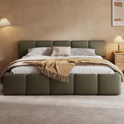 California King Boucle Platform Bed with Thick Headboard, Green3