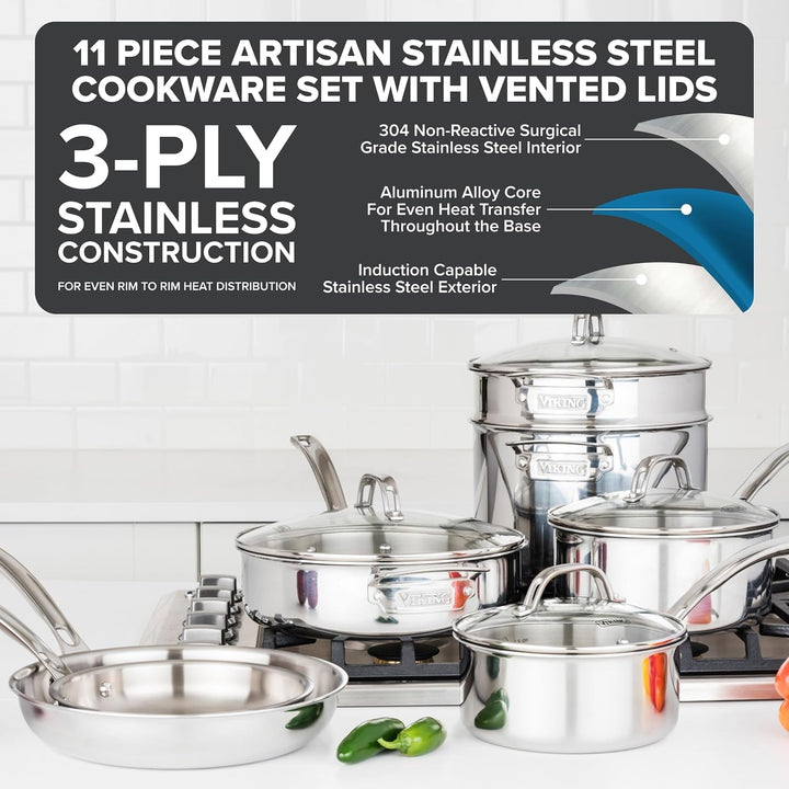 Viking Artisan 3-Ply Stainless Steel 11-Piece Cookware Set with Vented Glass Lids, Fry Pans, Saucepans, Saute Pan, Stock Pot with Strainer Insert, Oven Safe up to 600F+2