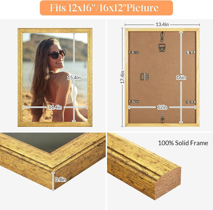 12X16 Wood Picture Frame Gold, Ornate Natural 16X12In Frame, Modern Golden 12 X 16 Inch Gallery Wall Photo Poster Frame with HD Plexiglass, Horizontal Vertical Wall Mounting Display 1Pcs5