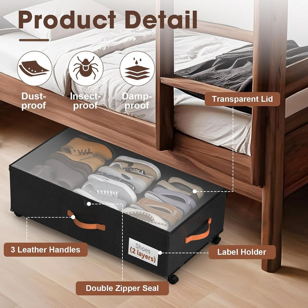 under Bed Storage Containers with Wheels, 9.5 Inches Higher Underbed Shoes Blankets Clothes Toy Storage Drawers for College Dorms Bedrooms Nursery Rooms Organization, 2 Pack to Be Assembled5
