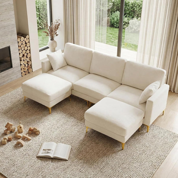 100" W U Shaped Couch with Ottoman, 22" Deep Seat Comfortable Sectional Couches for Living Room, 3 Seater Chenille Fabric Cloud Sofa for Apartment, Small Spaces, Bedroom, Beige1