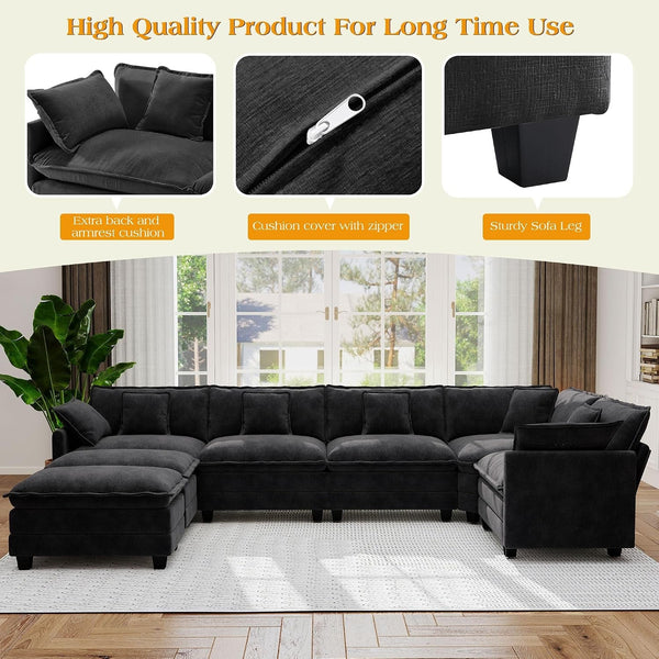 Modular Sectional Sofa,Cloud Couch for Living Room,Modern Deep Seat Sofa Chenille Fabric Comfy Couches with Throw Pillows & Movable Ottoman for Apartment5