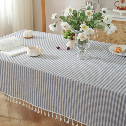 Table Cloth Blue White Striped Tablecloth Tassels Cotton Blend Dust-Proof Table Cover for Dining Coffee Buffet Kitchen Picnic Tables, Parties Indoor Outdoor Square Tablecloths (36X36 Inch)4