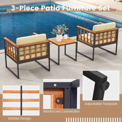3 Pieces Patio Chair Set, Acacia Wood Outdoor Sofa Set with Metal Support, Soft Seat & Back Cushions Included, Cushioned Bistro Set for Balcony, Porch, Backyard (Beige)8