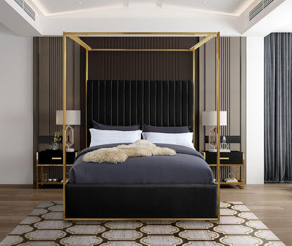Meridian Furniture Jonesblack-Q Jones Collection Modern | Contemporary Upholstered Queen Bed, Black Velvet, Channel Tufting, Brushed Brass Frame, 66.5" W X 86.5" D X 79" H, Black, Queen5
