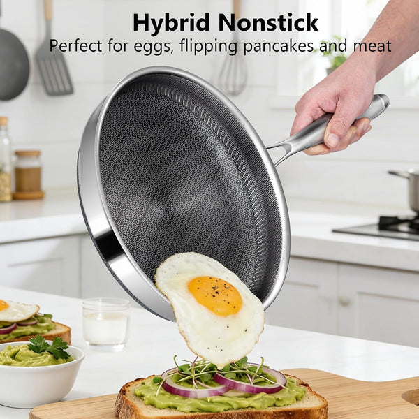 Non Stick Frying Pans, 12-Inch with Lid, Hybrid Frying Pans Nonstick Stainless Steel Skillets, Dishwasher & Oven-Safe, Stay-Cool Handle, PFOA Free Cookware, Compatible with All Cooktops3