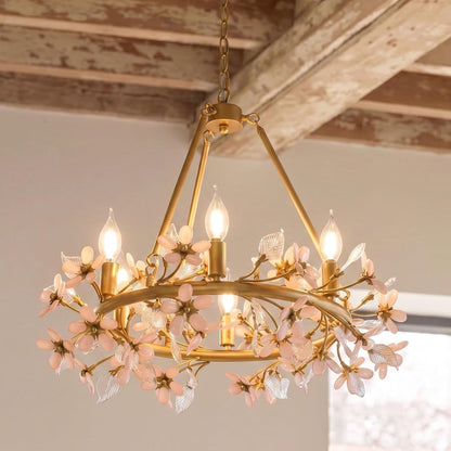 Gold Tree Branch Pink Crystal Chandelier, Grace Flower Chandelier, 6-Light Girl'S Room Chandelier, Hanging Light Fixture Bedroom for Dining Living Room Nursery Kid'S Room Entryway, E12 Bulb Included1