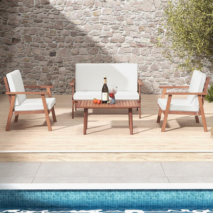 4 Piece Outdoor Conversation Set, Acacia Wood Sofa Set with Soft Seat & Back Cushions, Rectangle Coffee Table Patio Wood Furniture Set for Backyard, Poolside, Garden (1, off White)4