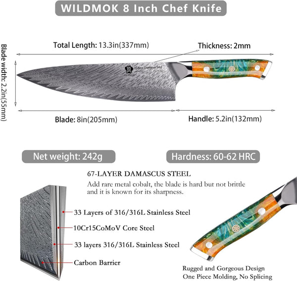 Chef Knife, 8 Inch Japanese Damascus Steel Chef Knife, Resin Handle Kitchen Knives, Professional Sharp Chef'S Knives for Kitchen2
