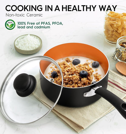 Nonstick Sauce Pan with Lid 1QT, 2QT & 3QT, Ceramic Saucepan Set, Copper Sauce Pans, Non-Toxic Saucepan, Multipurpose Cooking Pots Set for Home Kitchen, Compatible Induction2