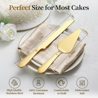 Wedding Cake Cutting Set - Extended Thickened Knife and Server Gold | 2 Pcs 13.0" Cutter & 10.49" Spatula, Food-Grade Stainless Steel Rounded Edges, Rust-Proof, Sturdy, for Birthday, Anniversary3