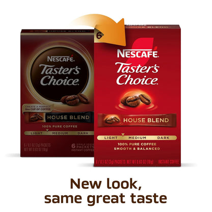 NESCAFÉ , Instant Coffee Packets, Light Medium Roast Coffee, House Blend, 12 Boxes (72 Packets) | Light-Medium Roast House Blend Instant Coffee Single-Serve Packets; 12 Boxes, 6 Packets Each (72 Total)3