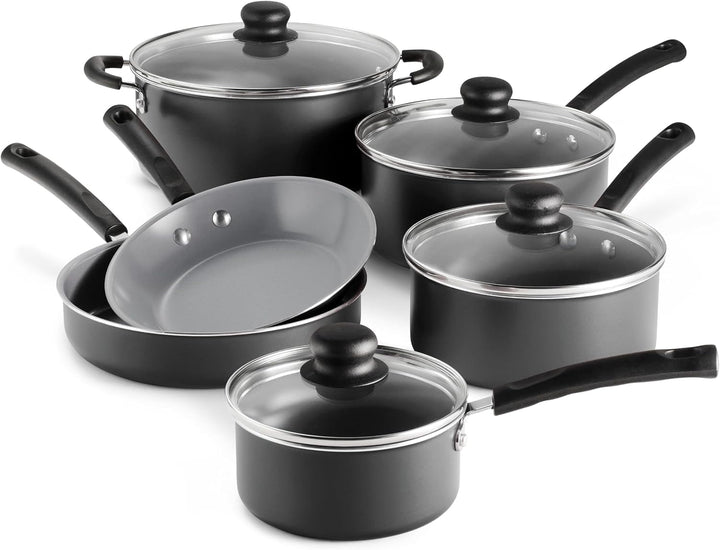 10 Piece Ceramic Nonstick Cookware Set, Patterned Interior with Tempered Glass Lids