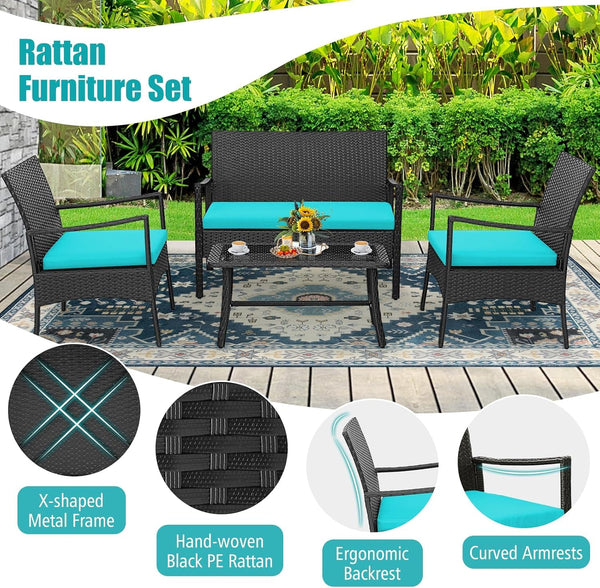 4 Pieces Rattan Conversation Set, Patio Sofa Couch Set with Tempered Glass Coffee Table, Seat Cushions, Outdoor Wicker Loveseat Set for Poolside, Courtyard, Balcony (1, Turquoise)5