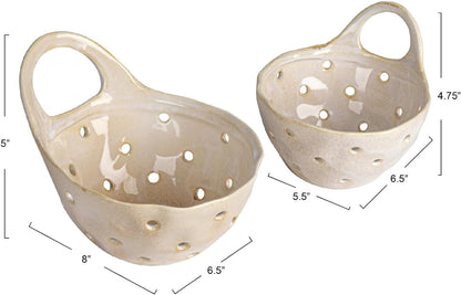Creative Co-Op 2‑Piece Stoneware Colanders with Handles, Reactive Cream Glaze3
