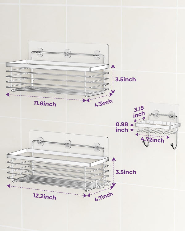 Shower Caddy Adhesive 3 Pack Stainless Steel Storage Organizers-Silver7