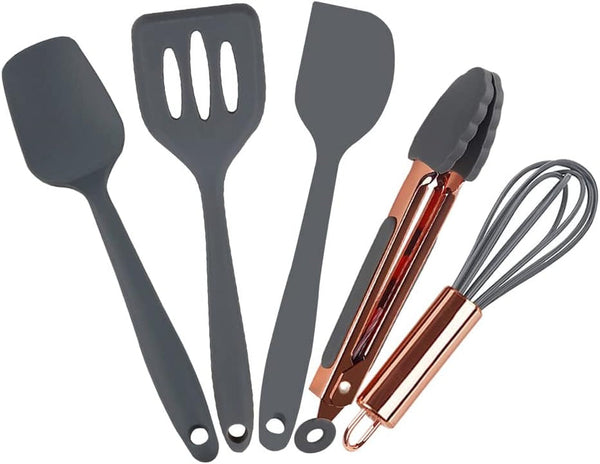 Rose Gold and Grey Mini Kitchen Utensil Small Five-Piece Set Tiny Silicone Kids Kitchen Tools Whisk Spatula Tongs Spoon and Slotted Spatula for Cooking(Kids Baking Supplies) Grey1