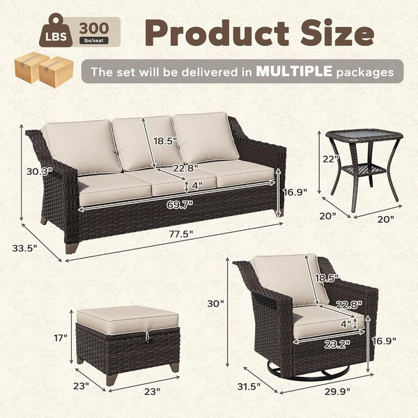 7 Piece Patio Furniture Set, Wicker Outdoor Conversation Set | Patio Chair Set with Olefin Removable Cushion, All-Weather Outdoor Couch with Deep Seat for Porch, Deck and Backyard, Beige2