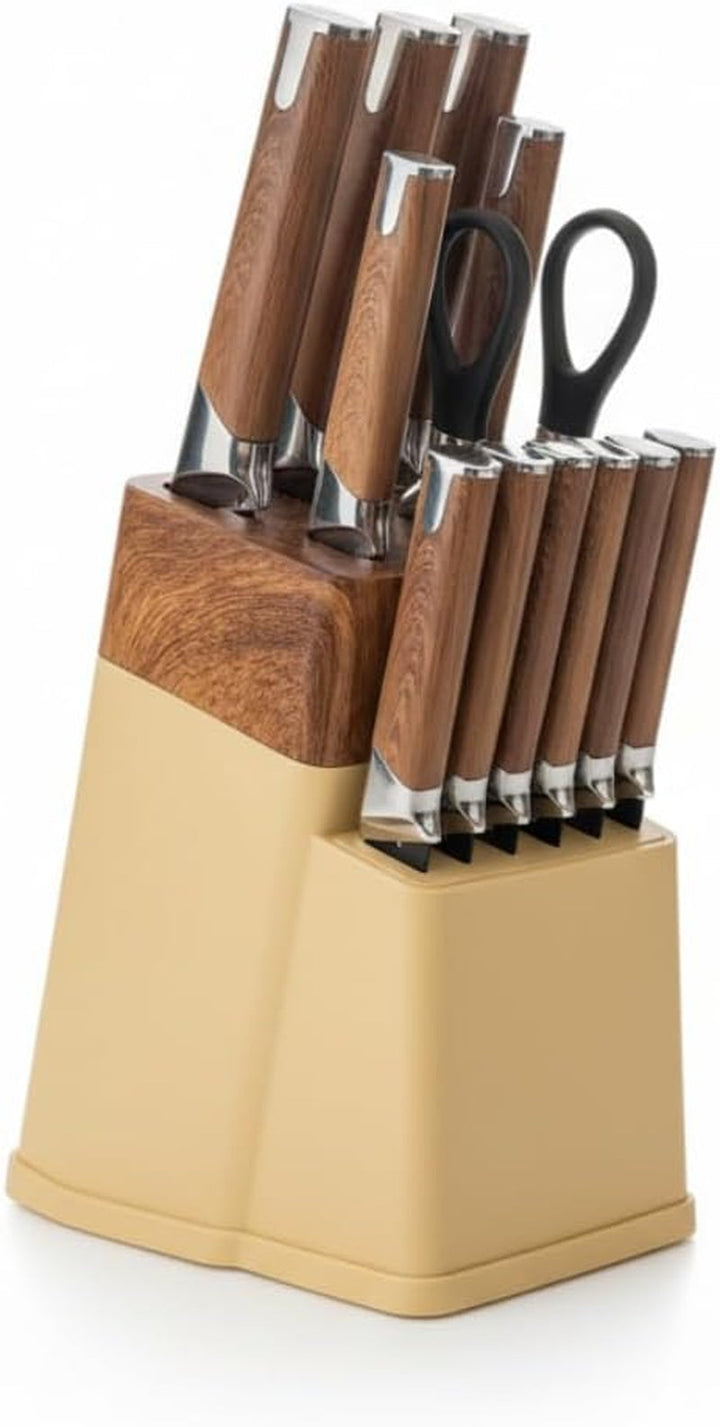 13-Piece Kitchen Knife Set with Block and 6 Steak Knives (Brown) | Dishwasher-Safe Stainless Steel Knives, Soft-Touch Handles, Bottle-Opener Shears and a Drain-Hole Storage Block