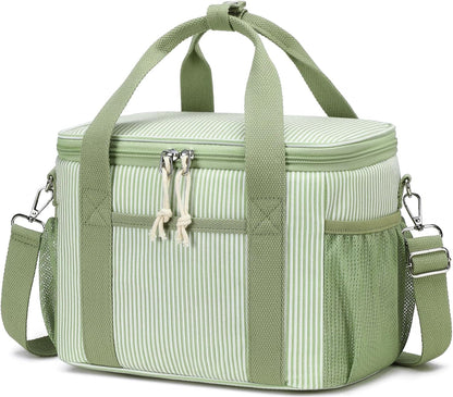 Insulated Lunch Box for Women, Cute Corduroy Lunch Bag with Shoulder Strap, Leakproof Wide-Open Lunch Tote for Work, Office, School, Picnic, Green White Stripes1