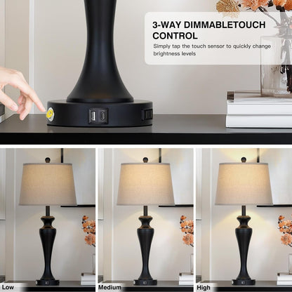 30“ Black Table Lamps for Living Room, 3-Way Dimmable Touch Control Lamp with USB A+C Ports and AC Outlet, Tall Bedside Lamps Set of 2, Metal Bedroom Lamp for Nightstand, 2 Bulbs Included4