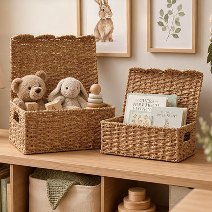 Set of 2 Scalloped Wicker Basket with Lid, Paper Rope Baskets for Shelves9