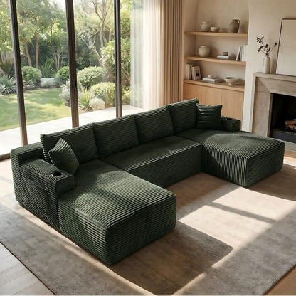 125” Cloud Boneless Couch, U-Shaped Modular Sectional Sofa, Green6