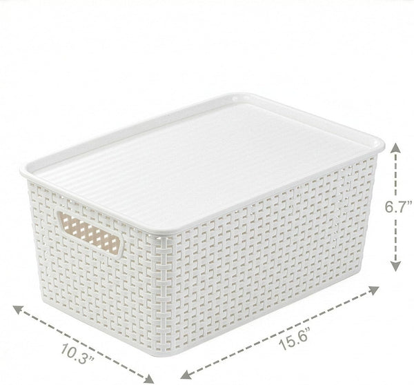 | Plastic Storage Baskets with Lids, 15.5 Liter - 3 Pack, White | the WOVEN COLLECTION | Storage Basket for Shelves Woven Storage Baskets for Organizing Bins Pantry Shelf Organizer Container Bin2