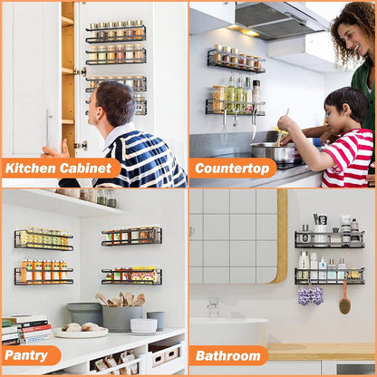 Spice Rack Wall Mounted 4 Pack, for Spice Jars & Seasonings,Black | 4 Removalble Hooks,Screw or Adhesive Hanging, Space-Saving,For Kitchen Cabinet, Pantry Door,Stove,Rv Use,11.41X2.75X2.75In6
