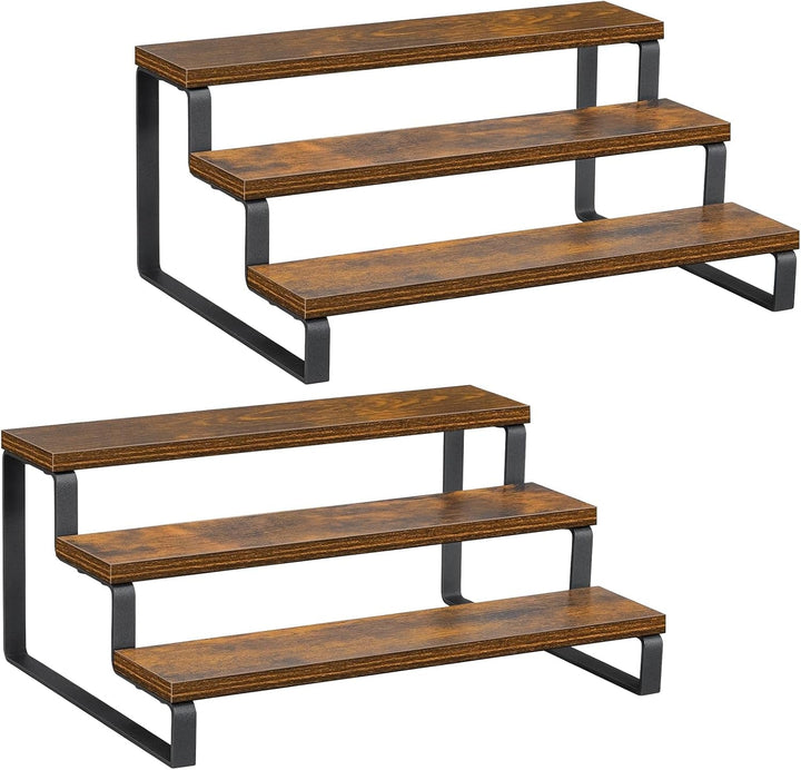 3-Tier Spice Rack, 13.8 Inch Wood Countertop Spice Storage Holder, Kitchen Pantry Cabinet Organizer Cupboard for Spice Bottles, Jars, Seasonings, Baking Supplies, Metal Frame(Set of 2)