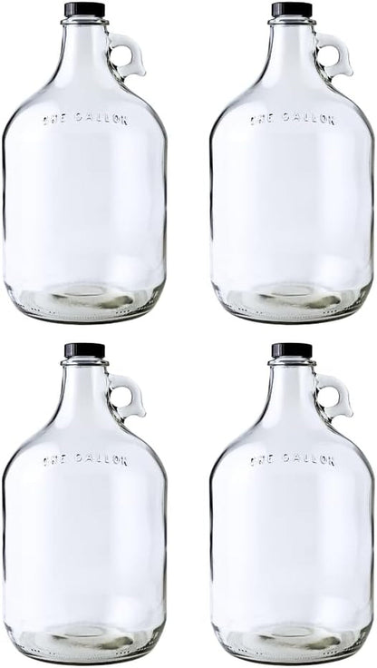 1 Gallon Glass Jug 4 Pack with Polyseal Caps | 128 Oz | Laundry Container | Clear Glass Jugs with Lids 1 Gallon for Water, Juice, Syrups and Household Storage | with Sturdy Handles and Reusable Design1