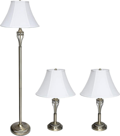 LC1001-ABS Antique Brass Three Pack Lamp Set (2 Table Lamps, 1 Floor Lamp) with Fabric White Bell Shaped Shades1