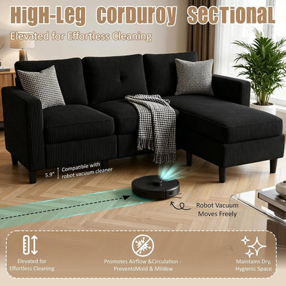 77" L-Shaped Corduroy Sectional Sofa with Storage Ottoman, Black7