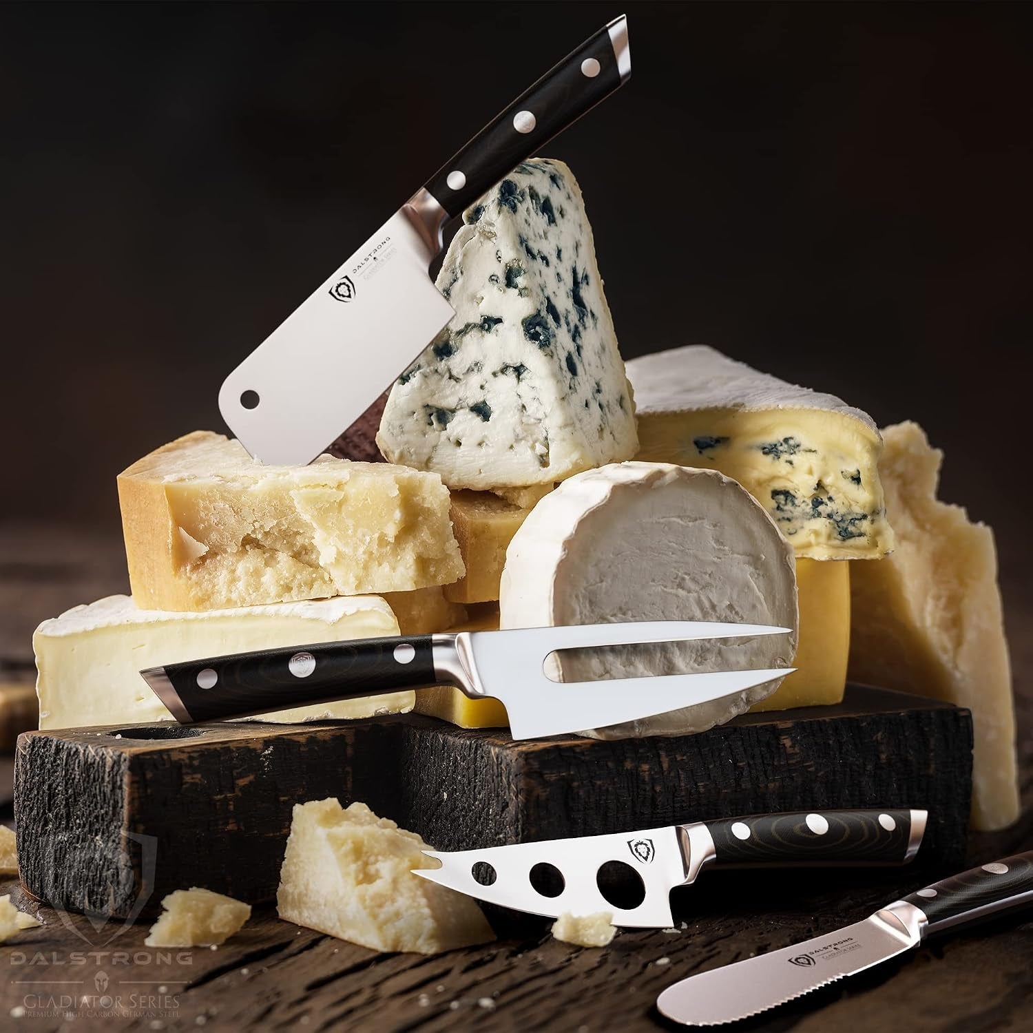 charcuterie-cheese-knife-set-4pc-gladiator-series-elite-mini-cleaver-serrated-round-tip-forked-cheese-knives-set-g10-handle-soft-hard-cheese-sheath-nsf-certified