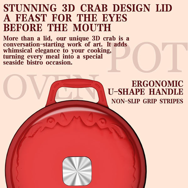 Enameled Cast Iron Dutch Oven - 5 Quart, Crab Lid (Patented), Oversized Knob, for Bread Baking Braiser, Cooking Stock Pot - Red2
