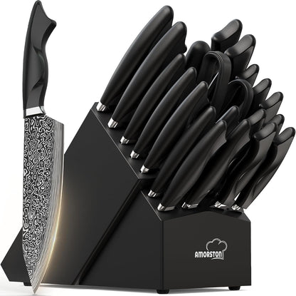 22 Pieces Knife Block Set with Built-In Sharpener | Built-In Sharpener Block, Dishwasher Safe, High Carbon German Stainless Steel, Laser-Engrave, Kitchen Weddings Birthdays Gift1