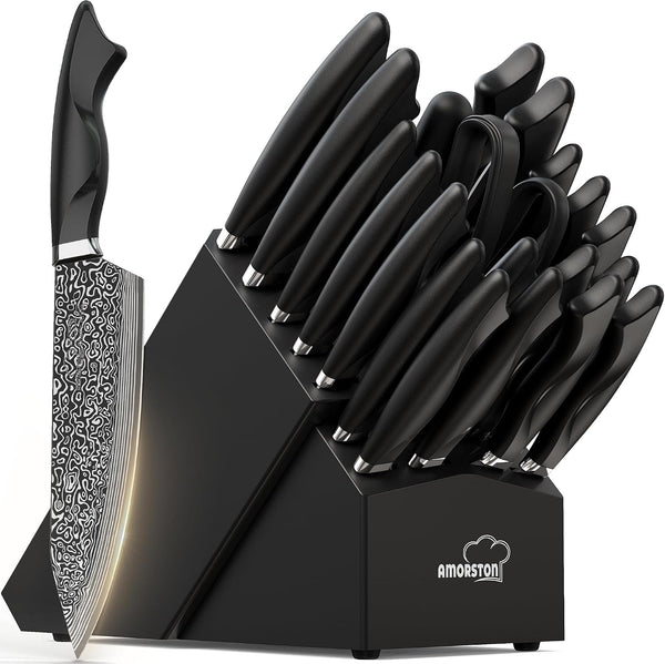 22 Pieces Knife Block Set with Built-In Sharpener | Built-In Sharpener Block, Dishwasher Safe, High Carbon German Stainless Steel, Laser-Engrave, Kitchen Weddings Birthdays Gift1