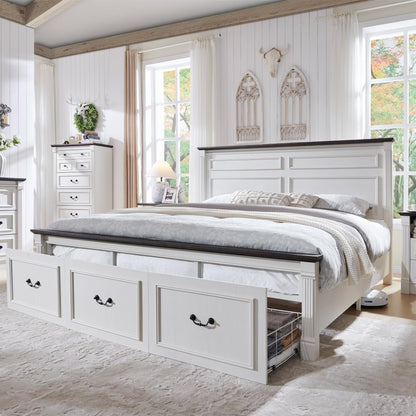 Farmhouse King Size Bed Frame W/51 Tall Headboard, Antique White1