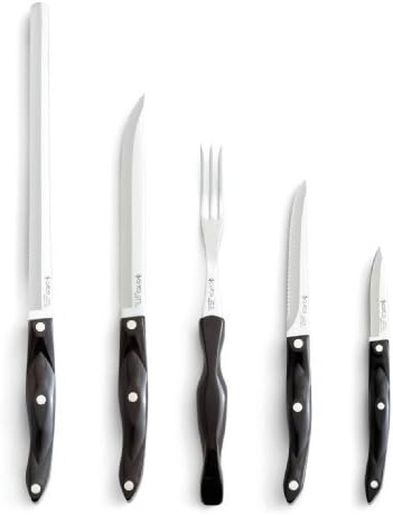 model-1783-kitchenette-set-4-high-carbon-stainless-knives-1-fork-with-classic-dark-brown-often-called-black-handles-1742-knife-and-fork-tray-and-8-x12-poly-cutting-board
