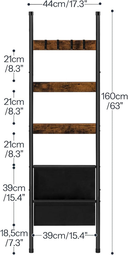 Blanket Ladder, 5 Tier Towel Rack, 17.3" L X 63" H, Wall-Leaning Blanket Rack for Living Room, Decorative Ladder with 4 Hooks and Magazine Pocket, Rustic Brown BF32CJ016
