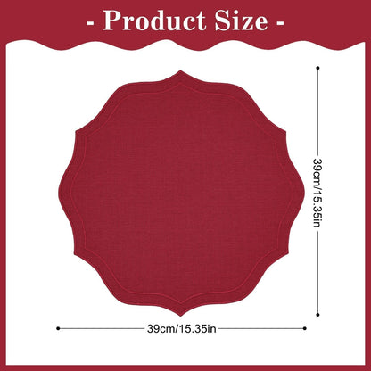Faux Linen round Placemats Set of 4, Washable Wrinkle-Resistant Non-Slip Table Placemats, Double-Sided Scalloped Embroidered Fabric Placemats for Kitchen Dining Table Decor, 15.35", Burgundy3