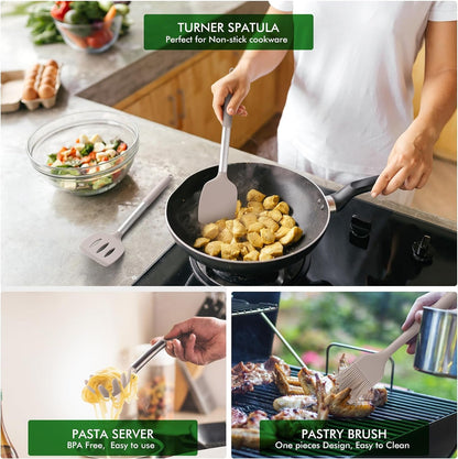 446°F Heat Resistant Silicone Kitchen Utensils, Cooking Utensil Set, Spatula Set, BPA Free, Kitchen Gadgets, with Stainless Steel Utensils Holder, Dishwasher Safe 14Pcs Khaki3
