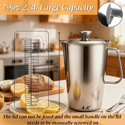 Stainless Steel Pitcher with Lid, 79Oz/2.3L 304 Metal Measuring Cup with Marking&Handle, Large Mouth Graduated Beakers, Milk Frothing Jug Water Pitcher for Coffee Latte Art Machine Iced Hot Tea2