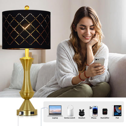 29" Gold Modern Table Lamps Set of 2, 3-Way Dimmable Touch Lamps for Nightstand with USB A+C & Outlets,Brass Lamps for Living Room, Bedroom, Nightstand, Entryway(2 Bulbs Included)4