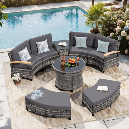 8-Piece Half-Moon Curved Outdoor Patio Furniture Set, Sectional Conversation Sofa with 2 Half-Moon Ottomans, round Coffee Table for Backyard Deck Garden, Grey1