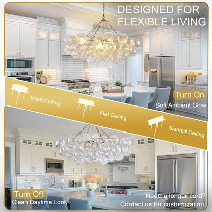 51" Large Gold Bubble Chandelier, 9-Light Modern Hand Blown Glass Chandelier Light Fixture, Rectangle Chandeliers for Dining Room Living Room Kitchen Island Foyer Entryway(Brush Brass Finish)7
