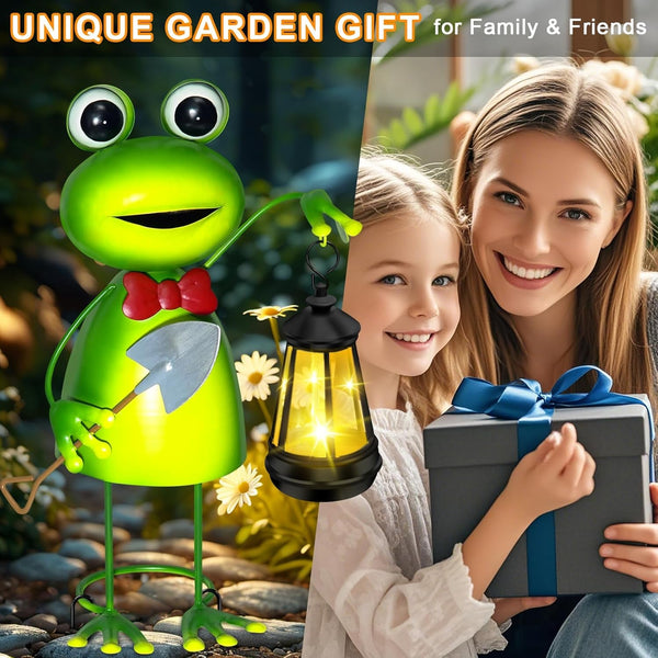 Solar Garden Lights 13.78In Tall Metal Frog Statue with Solar Lantern Decor4