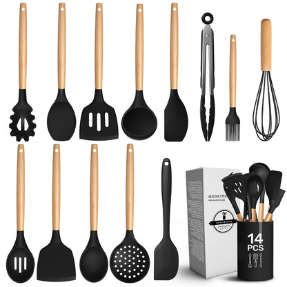 14 Pcs Kitchen Utensils Set with Holder, Beech Handles (Black)1