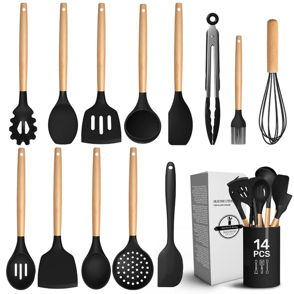 14 Pcs Kitchen Utensils Set with Holder, Beech Handles (Black)1